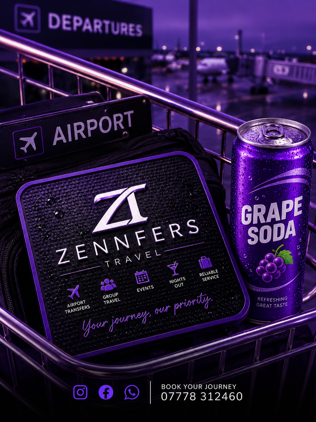 Zennfers airport transfer display with a non-alcoholic grape soda